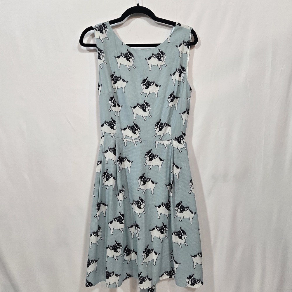 LA Soul French Bulldog Print Fit & Flare Dress Large Blue Pockets Lined